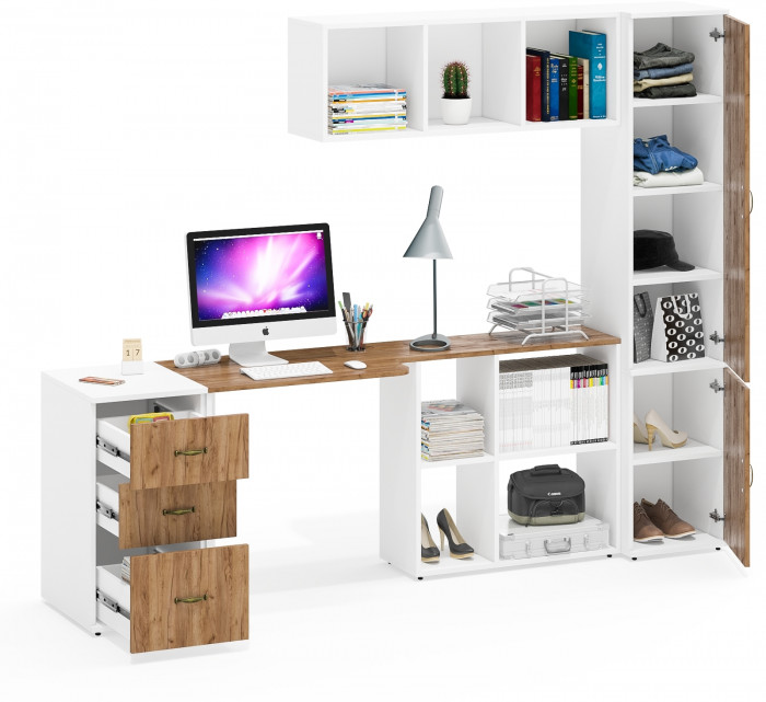 Лидер-8 Стол + Полка + Тумба МД 3.16 + Пенал МД 22Б, цвет белый шагрень/крафт золото, ШхГхВ 245х50/37,5х75/190 или 155х120/50х75/190 см., НЕ ун. сб.