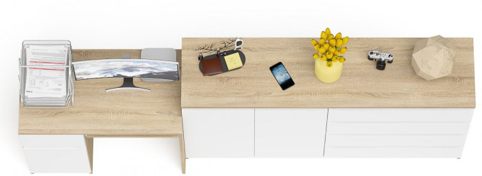 Мори Стол компьютерный МС-1 левый + Комод МК1600.1, цвет дуб сонома/белый, ШхГхВ 250,4х50х94 см., выдвижной ящик слева, НЕ универсальная сборка