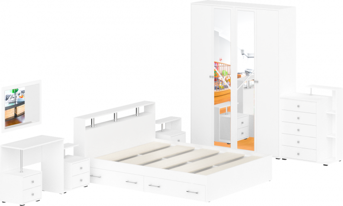 Камелия спальня № 10 Кровать с ящиками 1600 + Две тумбы + Стол косметич. + Зеркало + Комод + Шкаф, цвет белый, 1600х2000 мм., б/м, осн. есть