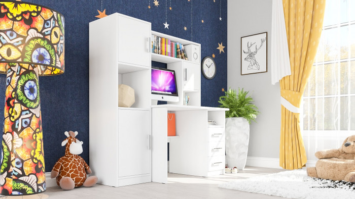 Стол компьютерный С-МД-СК9+Пенал С-МД-СК9П, цвет белый шагрень, ШхГхВ 145х70х160 см., НЕ универсальная сборка