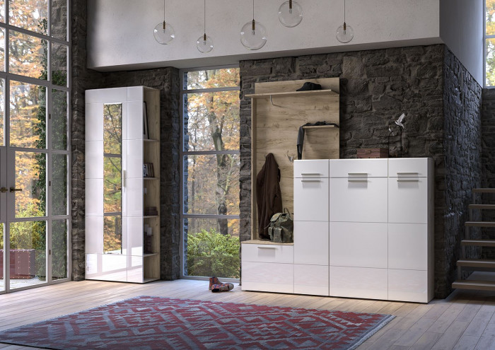 Лайн 10.141 Стеллаж, цвет дуб крафт серый/фасады МДФ белый глянец, ШхГхВ 22х34,7х210 см., универсальная сборка