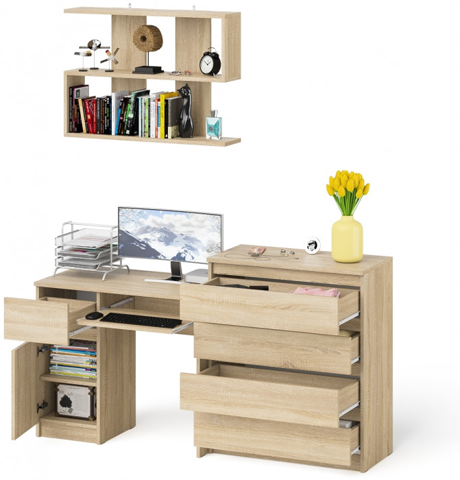 Мори Стол компьютерный МС-1 левый + Комод МК800.4 + Полка 900, цвет дуб сонома, ШхГхВ 170,4х50х209,6 см., НЕ универсальная сборка