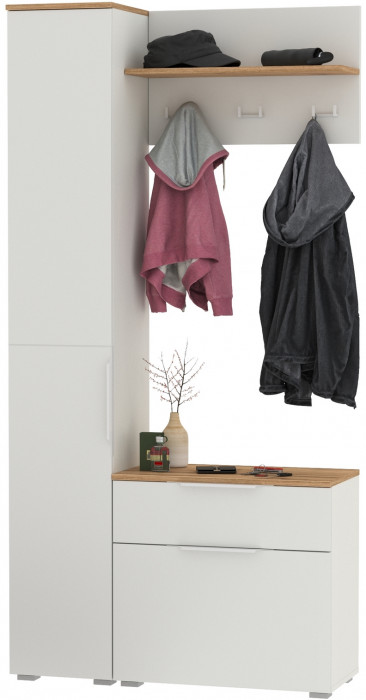 Октава Прихожая 14, цвет белый шагрень/дуб крафт золотой/фасады МДФ белый шагрень, ШхГхВ 97,1х35,4х197,6 см., универсальная сборка