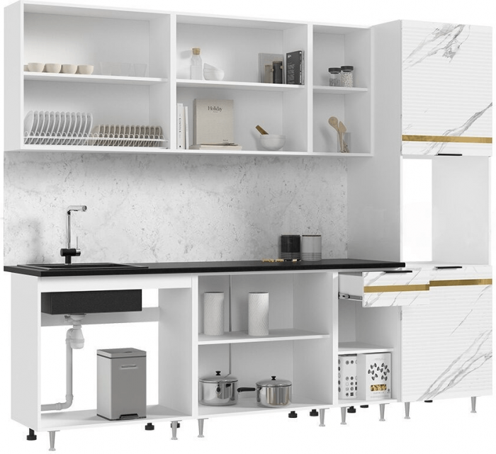 Кухня МДФ Милена 2600 (Белый, Мрамор золото, Антарес)