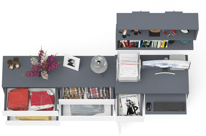 Мори компьютерный стол МС-1 левый + Комод МК1380.6 + Полка 900, графит/белый