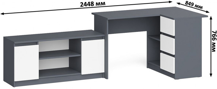 Мори компьютерный стол МС-16 правый + Тумба МТВ1200.1, графит/белый