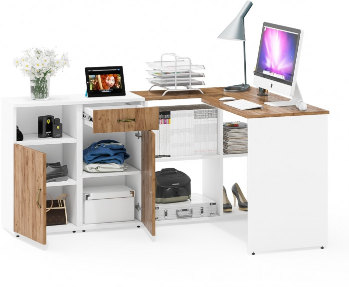 Лидер-8 Стол + Тумба МД 3.15 + Тумба МД 3.19, цвет белый шагрень/крафт золото, ШхГхВ 245х50/30х75 см. или 115х50/160х75 см., НЕ универсальная сборка