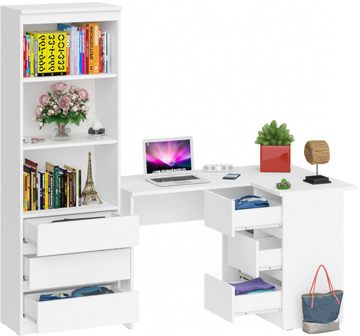 Мори Стол компьютерный МС-16 правый + Стеллаж МСТ600.3, цвет белый, ШхГхВ 184,8х84,9х179,6 см., выдвижные ящики справа, НЕ универсальная сборка