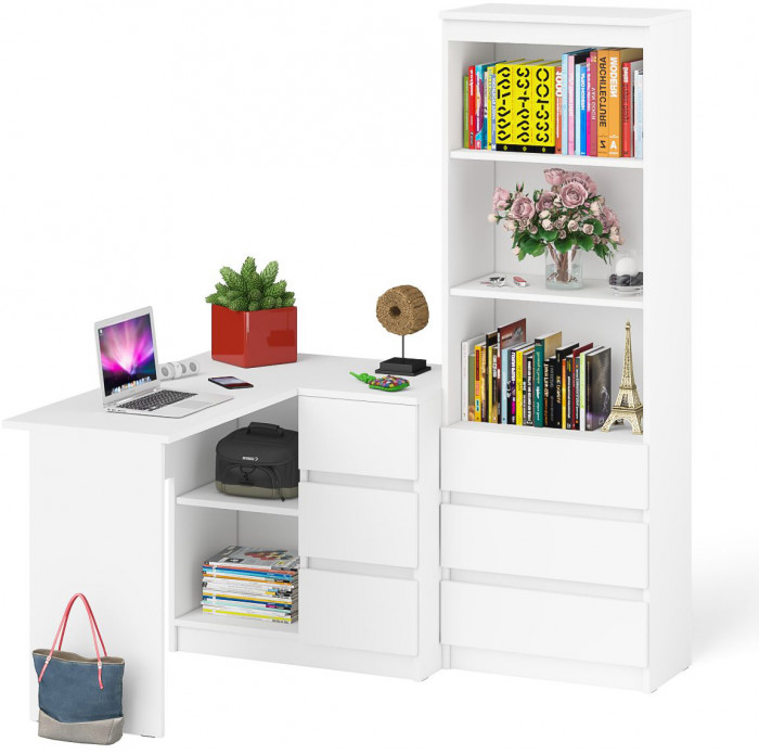 Мори Стол компьютерный МС-16 правый + Стеллаж МСТ600.3, цвет белый, ШхГхВ 184,8х84,9х179,6 см., выдвижные ящики справа, НЕ универсальная сборка