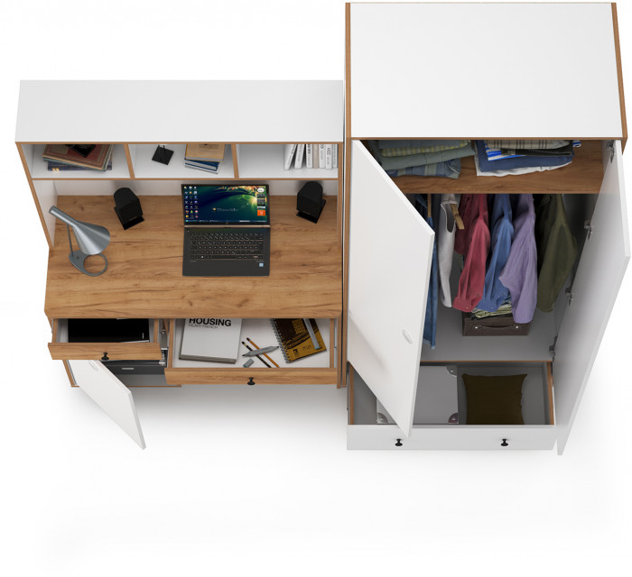 Вуди Компоновка № 20, цвет белый премиум/дуб крафт золотой, ШхГхВ 196х52,7х205 см., универсальная сборка