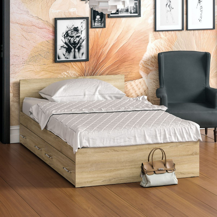 Стандарт Кровать с ящиками 1200, цвет дуб сонома, ШхГхВ 123,5х203,5х70 см., сп.м. 1200х2000 мм., без матраса, основание есть