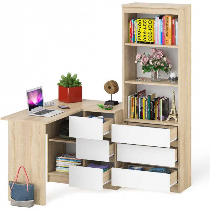 Мори Стол компьютерный МС-16 правый + Стеллаж МСТ600.3, цвет дуб сонома/белый, ШхГхВ 184,8х84,9х179,6 см., выдвижные ящики справа, НЕ универ. сборка