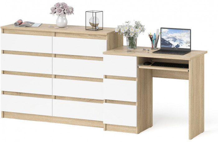 Мори Стол компьютерный МС-6 левый + Комод МК1200.8, цвет дуб сонома/белый, ШхГхВ 210,4х50х94 см., выдвижные ящики слева, НЕ универсальная сборка