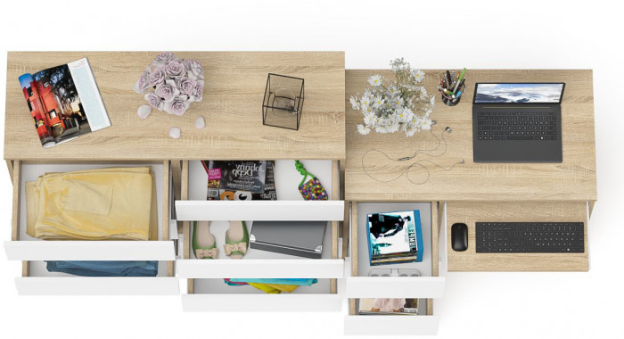 Мори Стол компьютерный МС-6 левый + Комод МК1200.8, цвет дуб сонома/белый, ШхГхВ 210,4х50х94 см., выдвижные ящики слева, НЕ универсальная сборка