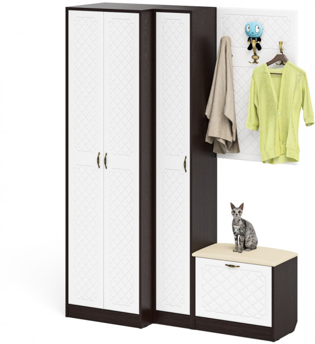 Прихожая П-6 Компоновка № 27, цвет венге/фасады МДФ белое дерево фрезеровка ромб, ШхГхВ 150х50х210 см., универсальная сборка