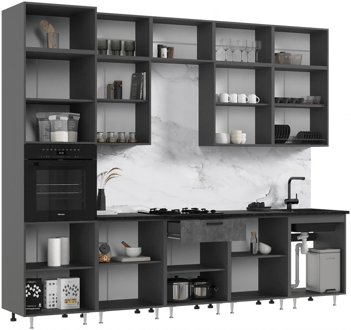 Кухня Рио NEW ЛДСП 3,0м/1080м (490) Компановка №3/1, Бетон светлый/Бетон темный/Белый глянец, Графит