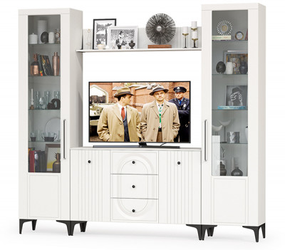 Валенсия Гостиная № 100, цвет ЛДСП белый шагрень/МДФ белый шагрень, ШхГхВ 243,2х38,4х225,2 см., ниша для ТВ 133х38х100 см.