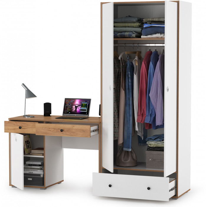 Вуди Компоновка № 21, цвет белый премиум/дуб крафт золотой, ШхГхВ 196х52,7х205 см., универсальная сборка