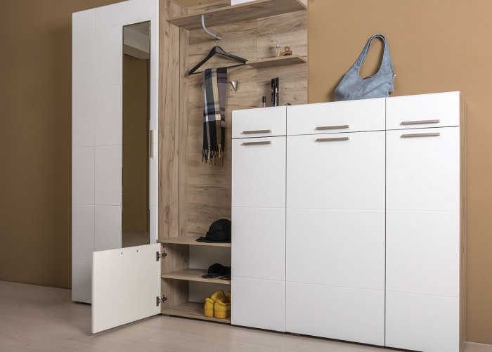 Лайн 13.121 Комод, цвет дуб крафт серый/фасады МДФ белый глянец, ШхГхВ 90х35х129,2 см., универсальная сборка