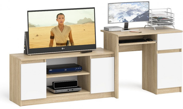 Мори компьютерный стол МС-1 правый + Тумба МТВ1200.1, дуб сонома/белый