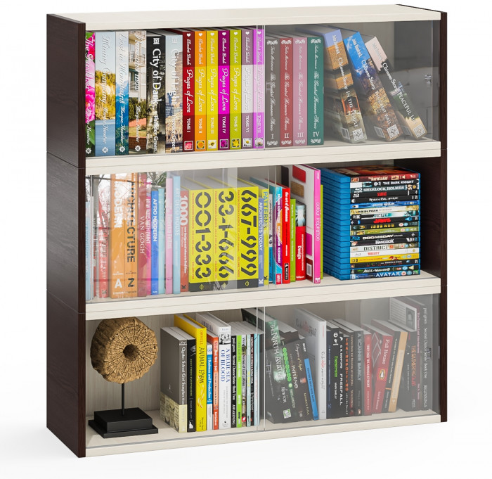 Три полки книжных С-МД-КН01, цвет венге/дуб, ШхГхВ размер каждой полки в отдельности: 83х25х30 см., стеклянные дверцы