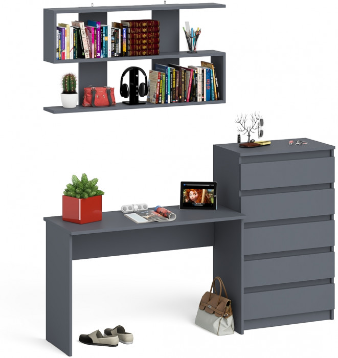 Мори Стол письменный МСП1200.1 + Комод МК700.5 + Полка 1200, цвет графит, ШхГхВ 190,8х50х209,6 см., универсальная сборка