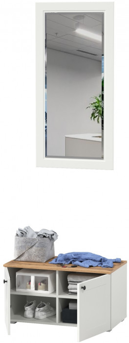 Остин 13.257 Тумба + 17.03 Зеркало, цвет белый шагрень/дуб крафт золотой, ШхГхВ 80х41,9х210 см.