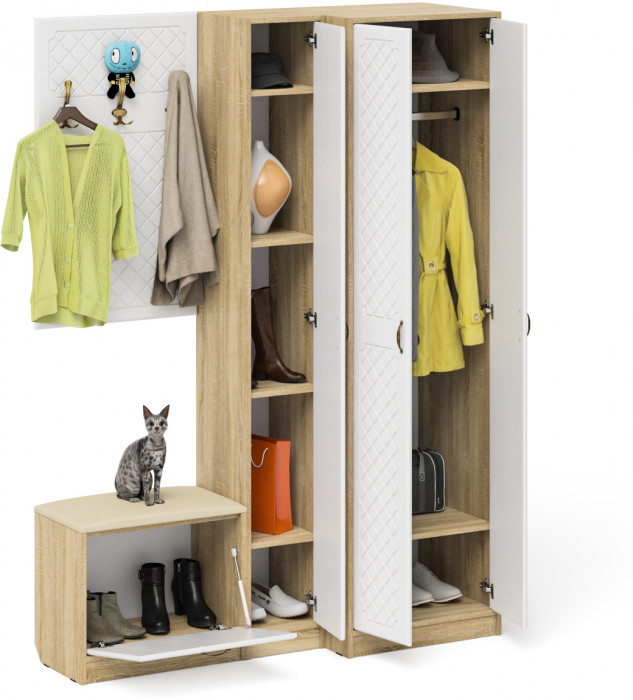 Прихожая П-6 Компоновка № 27, цвет дуб сонома/фасады МДФ белое дерево фрезеровка ромб, ШхГхВ 150х50х210 см., универсальная сборка