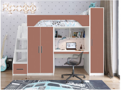 Кровать-чердак Тея + Шкаф, винтерберг / амарант