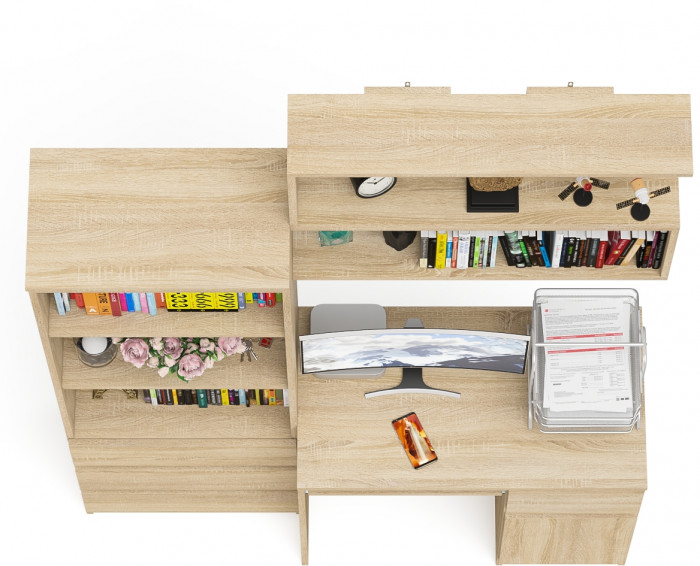 Мори Стол компьютерный МС-1 правый + Стеллаж МСТ600.3 + Полка 900, цвет дуб сонома, ШхГхВ 150,4х50х209,6 см., НЕ универсальная сборка