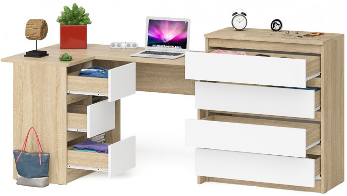 Мори Стол компьютерный МС-16 левый + Комод МК800.4, цвет дуб сонома/белый, ШхГхВ 204,8х84,9х94 см., выдвижные ящики слев, НЕ универсальная сборкаа