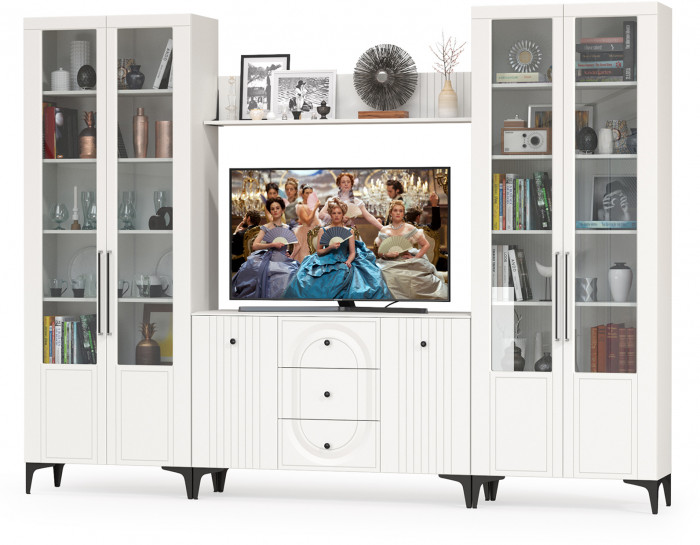 Валенсия Гостиная № 102, цвет ЛДСП белый шагрень/МДФ белый шагрень, ШхГхВ 301,4х38,4х225,2 см., ниша для ТВ 133х38х100 см.