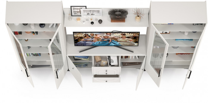 Валенсия Гостиная № 102, цвет ЛДСП белый шагрень/МДФ белый шагрень, ШхГхВ 301,4х38,4х225,2 см., ниша для ТВ 133х38х100 см.