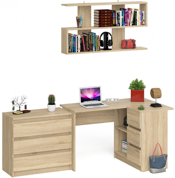 Мори компьютерный стол МС-16 правый + Комод МК800.1 + Полка 1200, дуб сонома