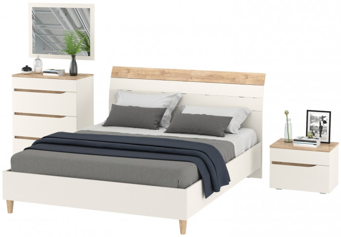Муссон Кровать 11.41 + ортопед + Тумба 16.03 + Комод 13.97 + Зеркало СВК, цвет белый/дуб эндгрейн элегантный, сп. м. 1600х2000 мм., б/м