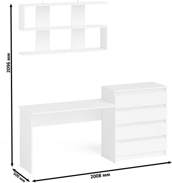 Мори Стол письменный МСП1200.1 + Комод МК800.4 + Полка 1200, цвет белый, ШхГхВ 200,8х50х209,6 см., универсальная сборка