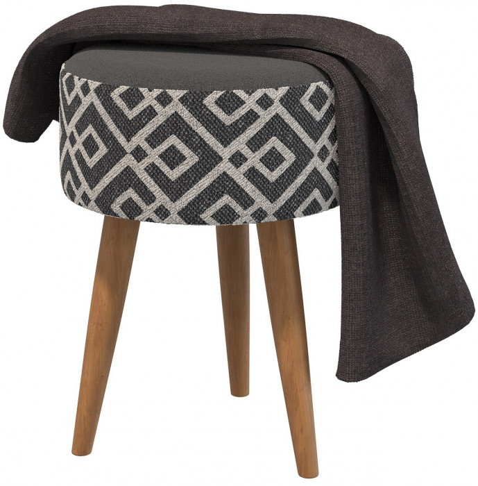 Банкетка 6-5132ТКчёр Юна, цвет ткань чёрная с рисунком, ШхГхВ 33х33х45 см.(круглая банкетка на трёх ножках), цвет ножек: тик