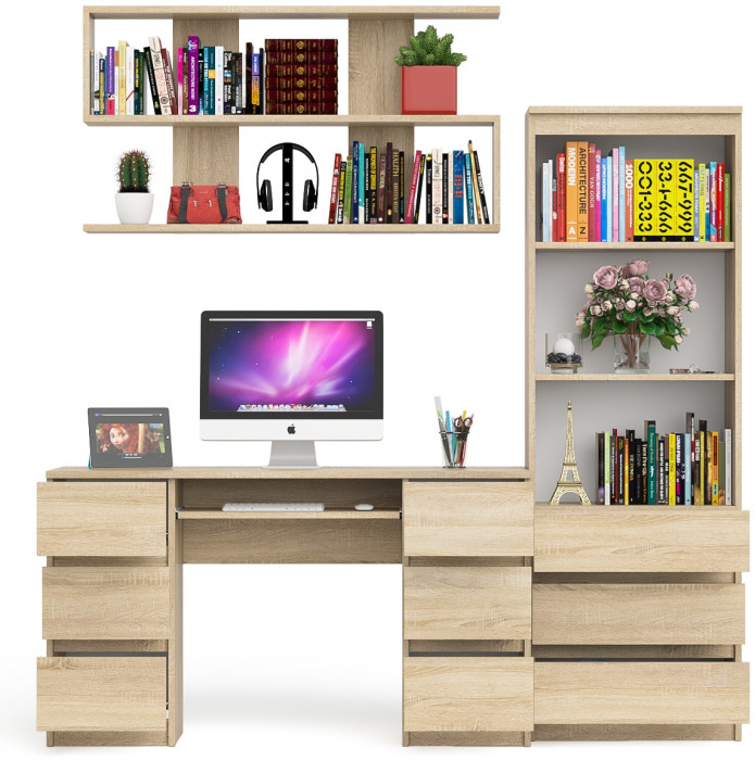 Мори компьютерный стол МС-2 + Стеллаж МСТ600.3 + Полка 1200, дуб сонома