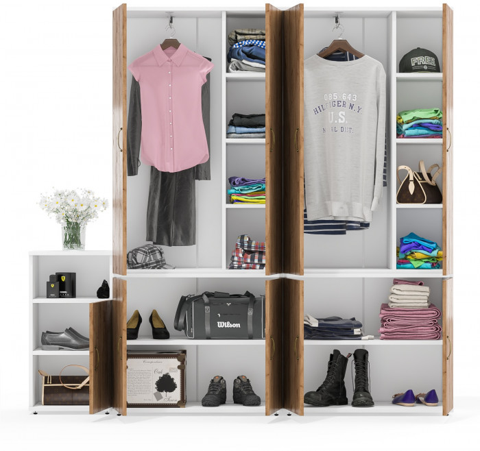 Лидер-8 Шкаф МД 20Б + Шкаф МД 20Б + Тумба МД 3.19, цвет белый шагрень/крафт золото, ШхГхВ 200х37,5х190 см., НЕ универсальная сборка