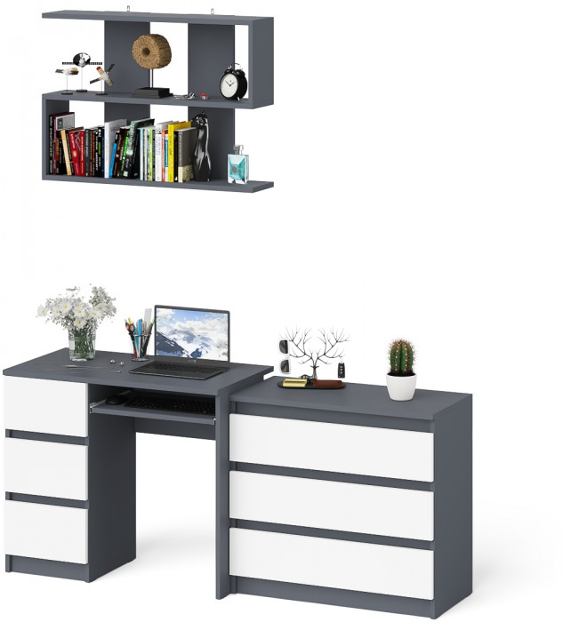 Мори компьютерный стол МС-6 левый + Комод МК800.1 + Полка 900, графит/белый