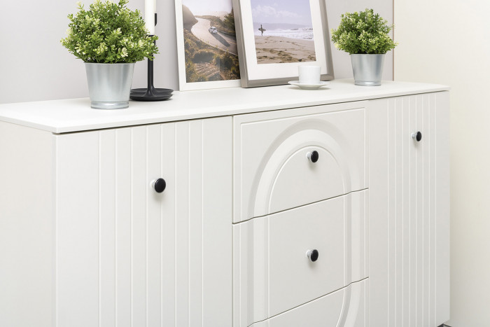 Валенсия Гостиная № 104, цвет ЛДСП белый шагрень/МДФ белый шагрень, ШхГхВ 327,3х38,4х225,2 см., ниша для ТВ 133х38х100 см., универсальная сборка