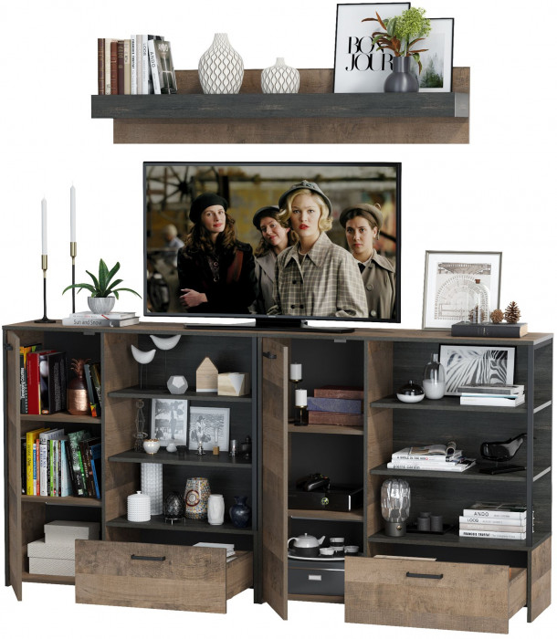 Трувор Гостиная 001, цвет дуб гранж песочный/интра, ШхГхВ 218х36,9х195 см., универсальная сборка