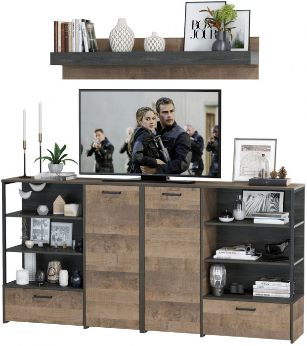 Трувор Гостиная 001, цвет дуб гранж песочный/интра, ШхГхВ 218х36,9х195 см., универсальная сборка