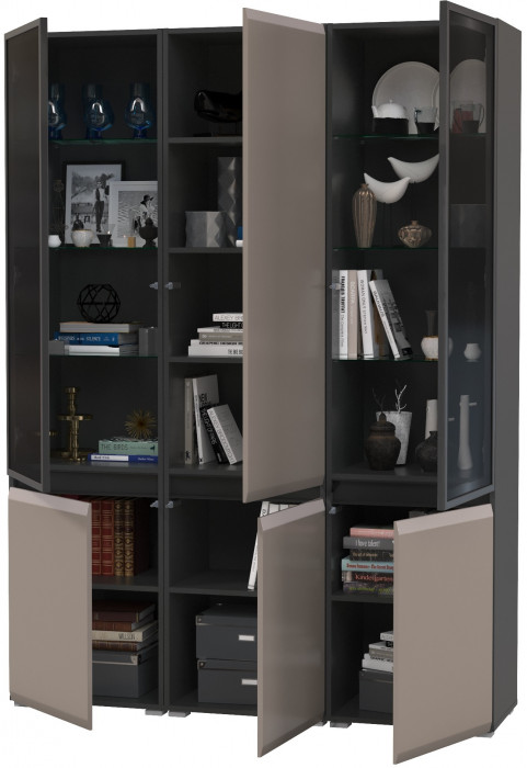 Сидней 13.201 Шкаф-витрина 2 штуки + Шкаф 13.200, цвет корпус: антрацит/фасады: МДФ веллюто капучино/стекло, ШхГхВ 150х41,3х205,2 см., ун. сб