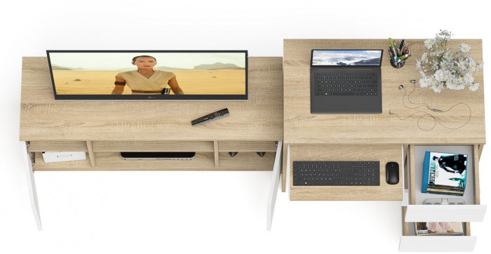 Мори Стол компьютерный МС-6 правый + Тумба МТВ1200.1, цвет дуб сонома/белый, ШхГхВ 210,4х50х76,6 см., выдвижные ящики справа, НЕ универсальная сборка