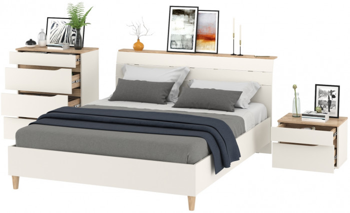 Муссон Кровать 11.41 + ортопед + Тумба 16.03 + Комод 13.97, цвет белый/дуб эндгрейн элегантный, сп. м. 1600х2000 мм., б/м