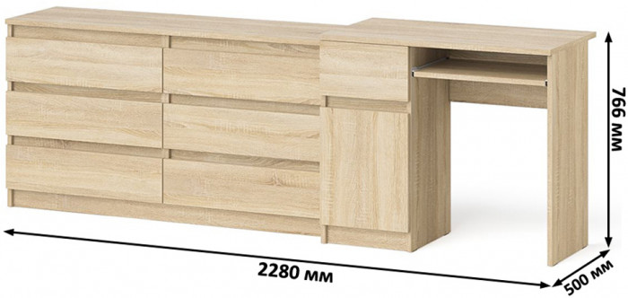 Мори компьютерный стол МС-1 левый + Комод МК1380.6, дуб сонома