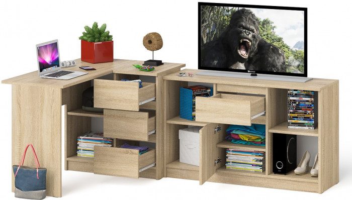 Мори компьютерный стол МС-16 правый + Тумба МТВ1204.1, дуб сонома