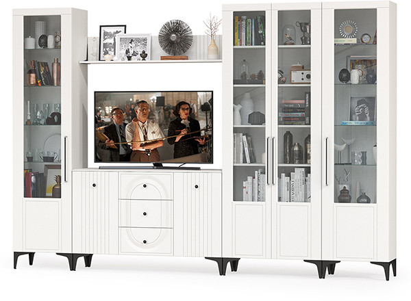 Валенсия Гостиная № 105, цвет ЛДСП белый шагрень/МДФ белый шагрень, ШхГхВ 327,3х38,4х225,2 см., ниша для ТВ 133х38х100 см., универсальная сборка