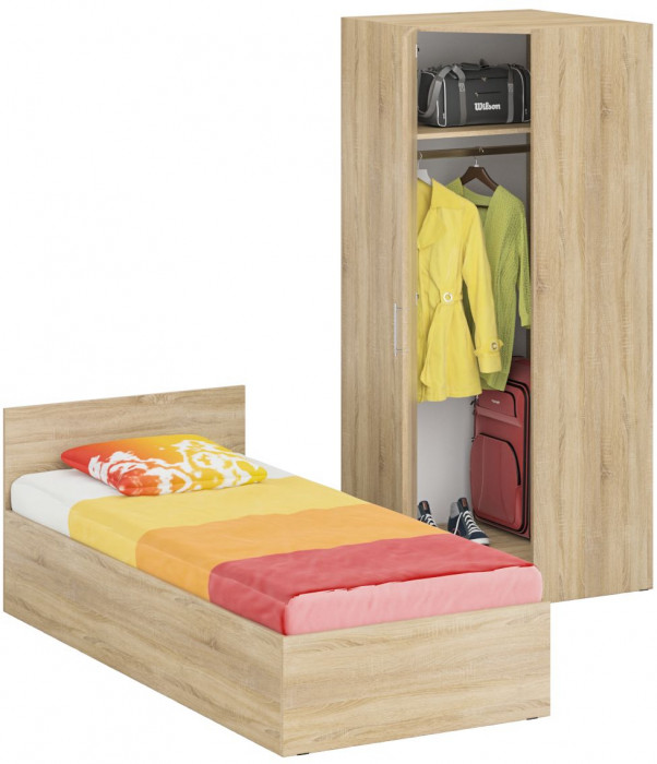 Кровать 0900 + Шкаф угловой Стандарт, цвет дуб сонома, ШхГхВ 93,5х203,5х70 + 81,2х81,2х200см., сп.м. 900х2000 мм., без матраса, основание есть